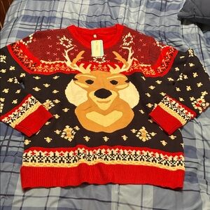 Festive Ugly Christmas Reindeer Sweater - Red and Black XXL Unisex